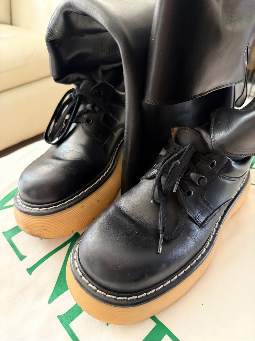 Bottega Veneta Black Leather Tall Lace-Up Boots with Tan Platform Sole
